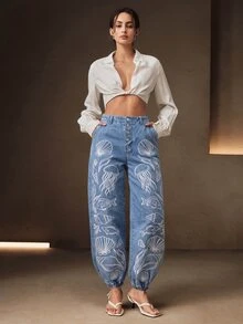 Anewsta Women's Exquisite Luxurious Heavy Embroidery Rope Decor White Long Pants For Summer Vacation - Blue - View 3