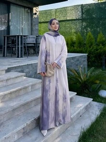 Yasveil Women's Printed Casual Elegant Loose Long Robe With Headscarf - Dusty Purple - View 5