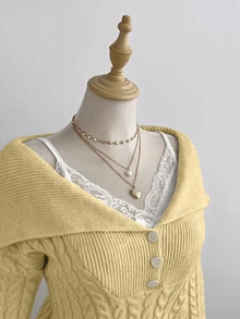 Elamini Women's White Casual Versatile Commute Daily Wear Classic Cable Knit Half-Open Front Pullover Sweater, Autumn/Winter - Yellow - View 4