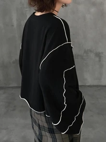 FRIFUL Women's Grey Loose Cropped Sweatshirt With Frill Trim, Spring Apparel - Black - View 2