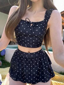 DAZY Women's Summer Beach Vacation Polka Dot Print Front Tie Tank Top And Ruffle Hem Skirt Casual Tankini Swimsuit Set - Black - View 5