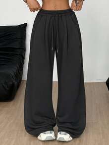 Coolane Plus Size Women's Drawstring Waist Pocket Wide Leg Loose Casual Long Pants Fall - Dark Grey - View 4