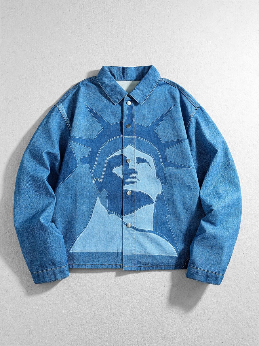 ROMWE MEN Street Life Men's Character Print Button Long Sleeve Denim Jacket - Blue - View 1
