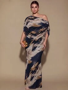 SHEIN BAE CURVE 大尺碼女款棕色長款抓褶洋裝，優雅長洋裝，適合外出與約會穿著 - 彩色 - 查看 1