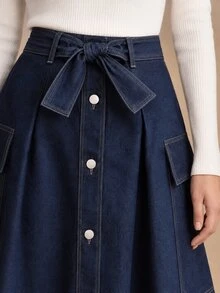 CielaLinda Women's Bow Button A-Line Denim Skirt, Flared Denim Midi Skirt, High-Waisted Jean Skirt - Blue - View 5