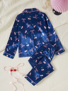 秋冬季青少年女孩深藍色可愛蝴蝶結印花翻領鈕扣長袖上衣配休閒長褲舒適兩件套居家服，假期居家穿著 - 彩色 - 查看 2