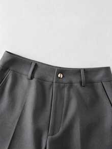 Rafferiza 女款優雅通勤翻領純色藍色金鈕扣秋冬西裝外套＋口袋長褲套裝，百搭款 - 灰色 - 查看 4