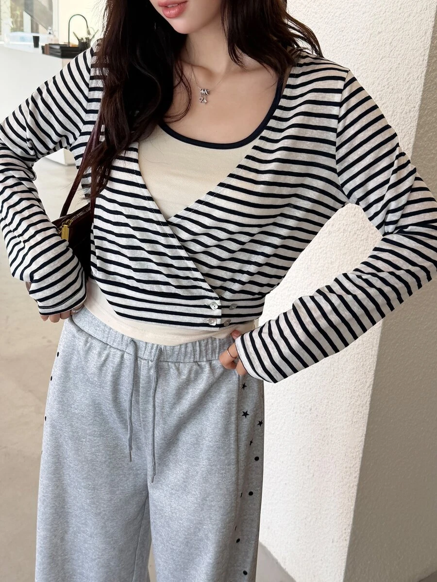 K-Vae Women's Striped Knit Sweater + Camisole 2 Pieces Set - Navy Blue - View 1