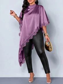 SOLERSUN Plus Size Women's Satin Lace Trim Asymmetric Blouse, Suitable For Dinner Parties And Shopping - Purple - View 3