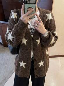 DAZY Cardigan Kasual Longgar Leher V Motif Bintang untuk Wanita - Coklat - View 8