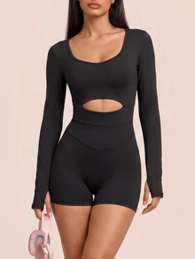 SHEIN BAE Women's Solid Color Round Neck Waist Cutout Slimming Fashion Long Sleeve Athletic Jumpsuit - Black - View 4