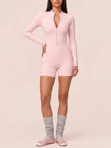 SHEIN BAE Women's Solid Color Hollow Back Design Long Sleeve Sports Romper - Baby Pink - View 3