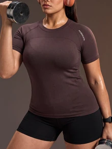 Powerista Women's Plus Size Round Neck Silver Reflective Foil Print Brown Slim Fit High Elastic Seamless Short Sleeve Sports T-Shirt - Brown - View 1
