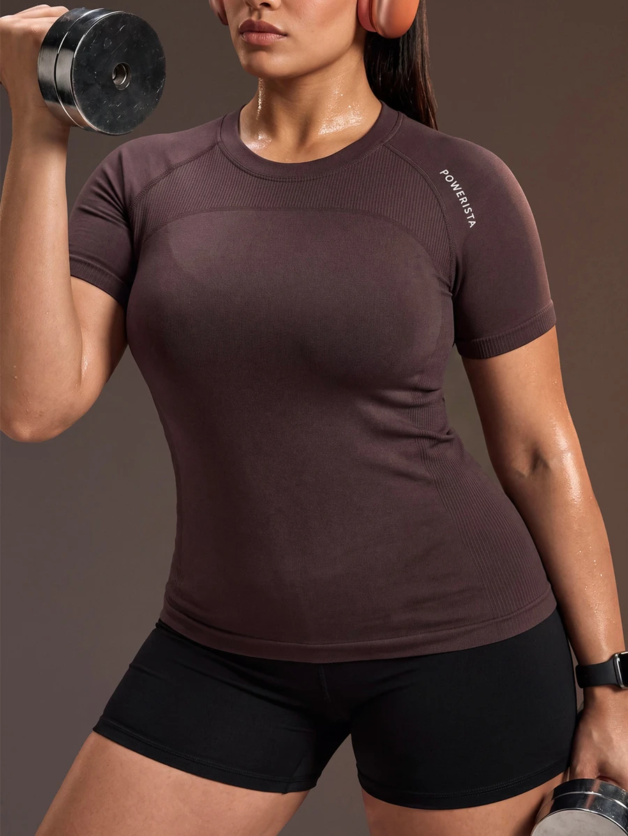 Powerista Women's Plus Size Round Neck Silver Reflective Foil Print Brown Slim Fit High Elastic Seamless Short Sleeve Sports T-Shirt - Brown - View 1
