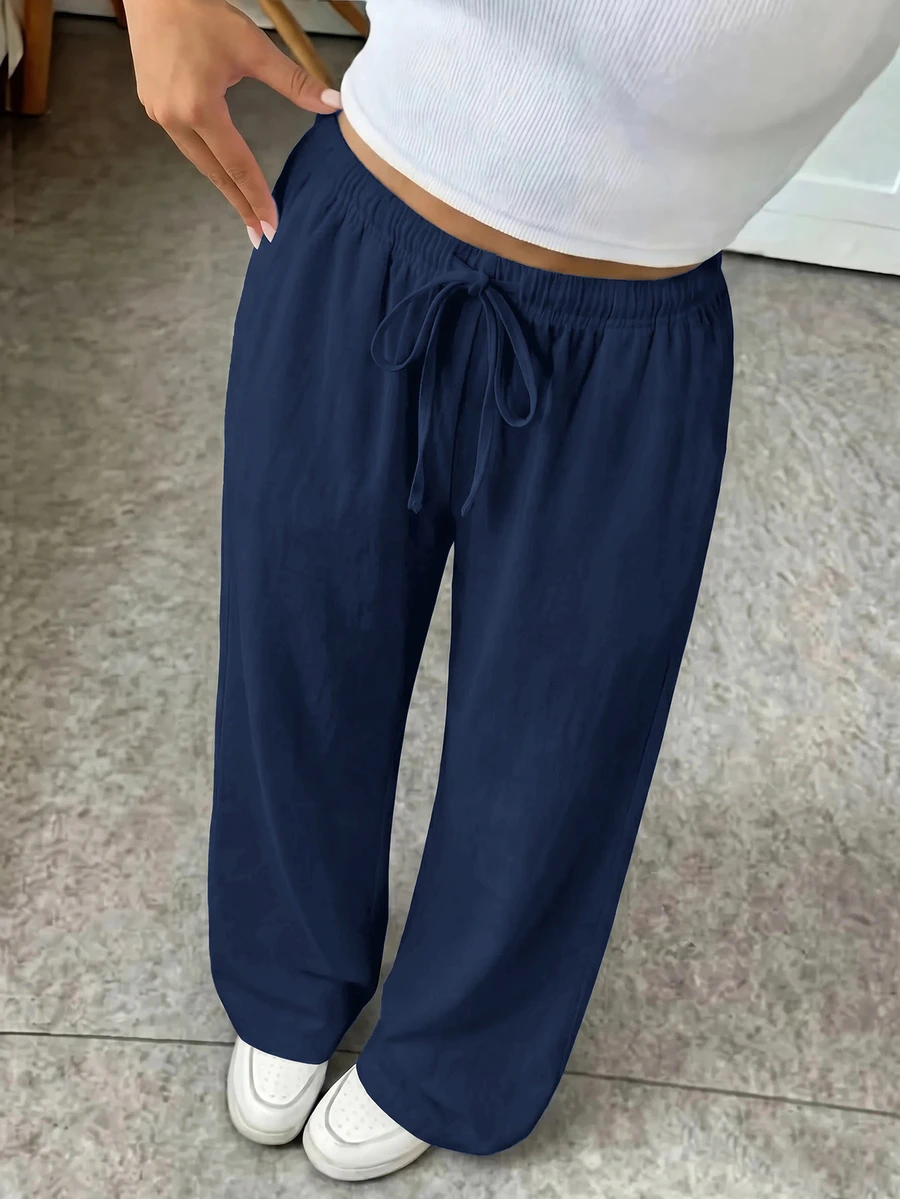 SHEIN Teen Girl Solid Color Drawstring Waist Casual Daily Long Pants - Navy Blue - View 1
