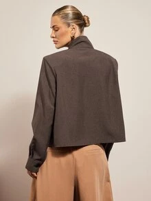 Hauture Vintage Brown Asymmetric Stand Collar Pleated Long Sleeve Blouse, Elegant Commute Loose Textured Top - Brown - View 5