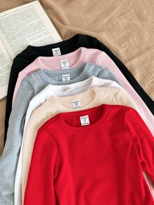 SHEIN 女童小女孩 6件組純色圓領休閒針織T恤套裝，刷毛厚實面料，適合秋冬穿著 - 彩色 - 查看 5