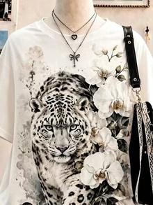 Collagica Collagica 女款圓領寬鬆休閒簡約風短袖上衣，適合日常休閒與度假穿著，最新時尚虎紋圖案T恤上衣 - 白色 - 查看 4