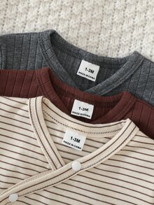 SHEIN 新生兒套裝休閒嬰兒服飾中性連身衣長袖輕便褲子卡其色炭灰色印花套裝搭配套裝新生女嬰 - 彩色 - 查看 8