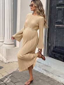 SHEIN Maternity Solid Color Round Neck Flared Sleeve Elegant Dress - Apricot - View 1