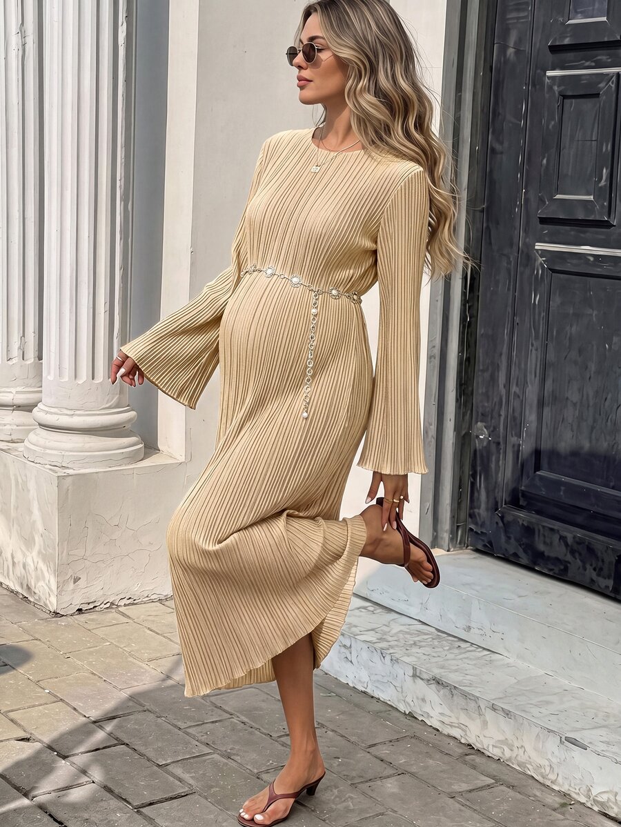 SHEIN Maternity Solid Color Round Neck Flared Sleeve Elegant Dress - Apricot - View 1