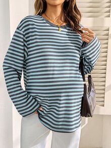 Lyckli 孕婦極簡條紋拼色長袖休閒T恤 - 藍色 - 查看 5