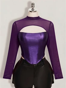 SHEIN ICON Women's Plus Size Autumn/Winter Leather & Mesh Patchwork Black Slim Fit T-Shirt - Purple - View 3