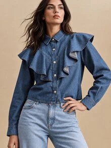 CielaLinda Women's Ruffle Denim Blouse, Denim Shirt Top, Feminine Ruffle Trim Top - Blue - View 5