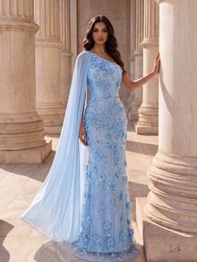 Coutiva Women's Asymmetrical Neckline High Waist Evening Dress - Blue - View 1