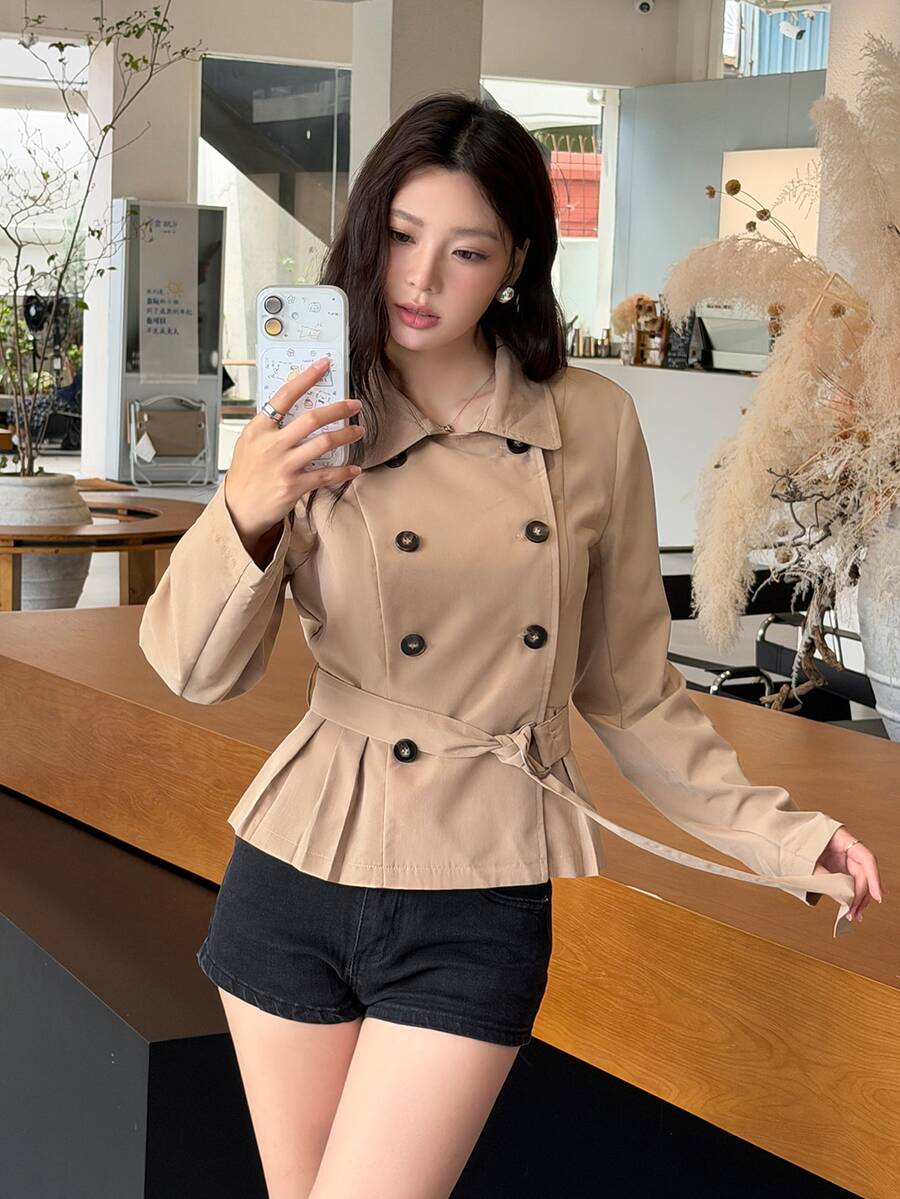 K-Vae Women's Long Sleeve Button-Up Collar Solid Color Casual Trench Coat Jacket - Apricot - View 1