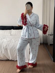 Napfluff CURVE Napfluff CURVE Women's Plus Size Colorful Patchwork 3D Lace Trim Striped Bow Print Long Sleeve Top & Long Pants Pajama Set - Blue - View 3
