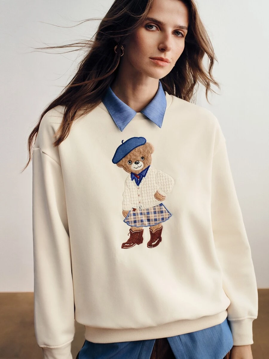 Briarwyn Women's Winter Solid Color Bear 3D Embroidery Crew Neck Thermal Lined Pullover Sweatshirt - White - View 1