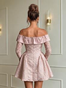 Allurite Women's Elegant Romantic Cold Shoulder Lace Sleeve Patchwork Mini Dress, Suitable For Birthday Party Cocktail, Back To School, Graduation Prom - Pink - View 2