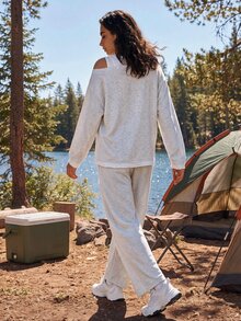 Exploreva طقم نسائي من قطعتين بتصميم طبقات وهمية، ملابس علوية بأكمام طويلة وبنطال، كاجوال للاستخدام اليومي والرياضي - رمادي غامق - مشاهدة 2