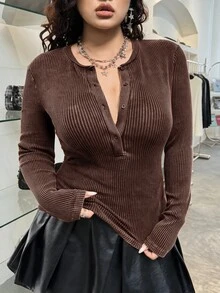 GalTyme 大尺碼女款秋冬復古做舊酸洗圓領半排扣長袖T恤 - 棕色 - 查看 1