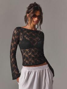 Athîral Women's Casual Zebra Print Mesh Fitted Top With Bell Sleeves - Black - View 1