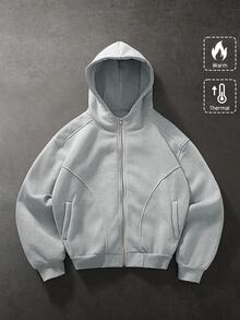 SLATEMANN 男士極簡風拉鍊口袋長袖連帽衫 - 灰色 - 查看 1