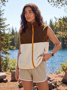 Exploreva Exploreva Women's Fashion Colorblock Outdoor Fleece Vest - Brown - View 4