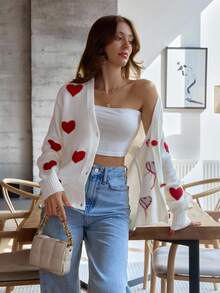 SHEIN Petite Size Heart Print Detailed With Front Button Casual Long Sleeve Cardigan - White - View 6