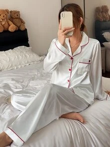 Napfluff Contrast Trim Faux Silk Long Sleeve Pants Pajama Set For Women - White - View 1