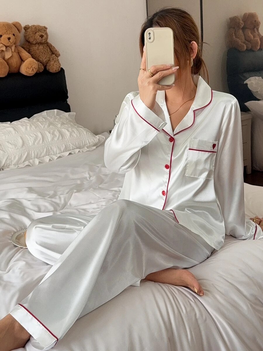 Napfluff Contrast Trim Faux Silk Long Sleeve Pants Pajama Set For Women - White - View 1