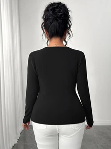 Elenzga Plus Size Elegant Lace Double-Sided Fleece Long Sleeve V-Neck T-Shirt, Basic Autumn/Winter Layering Elastic Top - Black - View 2