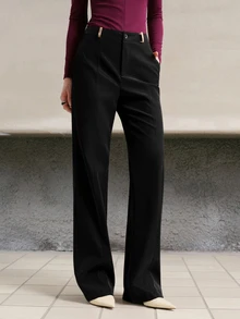 MOTF PREMIUM Celana Panjang Wanita Model Lurus dengan Dekorasi Logam dan Bahan PU, Musim Gugur/Musim Dingin - Hitam - View 4