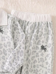 SHEIN Playful Pals 2件組少女學院風豹紋馬術刺繡 Polo 領寬腿褲運動衫套裝，校園派對街頭風秋季穿搭 - 灰色 - 查看 7