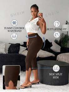 BamGleam Seamless Knit Sexy Split Leg Solid Color Capri Pants - Mocha Brown - View 5