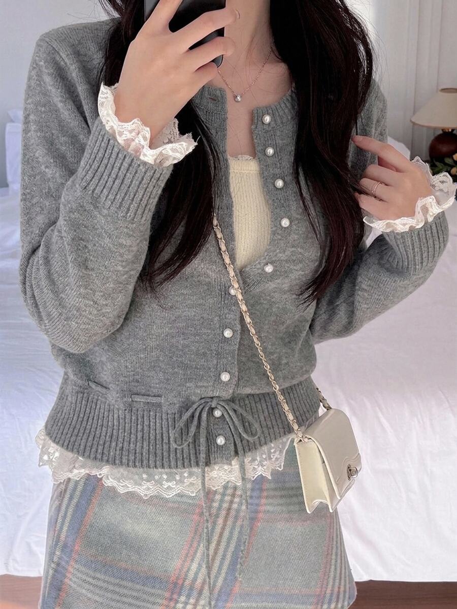 DAZY 女款法式蕾絲拼接針織開襟外套 秋/冬加厚寬鬆夾克上衣 - 灰色 - 查看 1