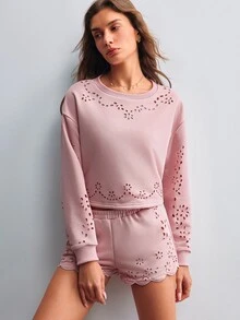 Willow Rêve Women's Pink Hollow Embroidery Long Sleeve Sweatshirt And Shorts 2 Pieces Set, Casual Style, Romantic Style, Valentine's Day - Pink - View 1