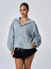Jeanoix Women's Dropped Shoulder Long Sleeve Zip-Up Hooded Denim Jacket - Blue - View 4