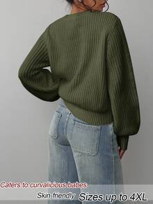 SHEIN BASICS 大尺碼女款純色圓領長袖休閒針織衫 - 軍綠色 - 查看 2
