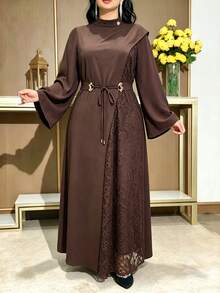 Modelyn Plus Size Women's Stand Collar Bell Sleeve Contrast Lace Elegant Dress - Coffee Brown - View 1